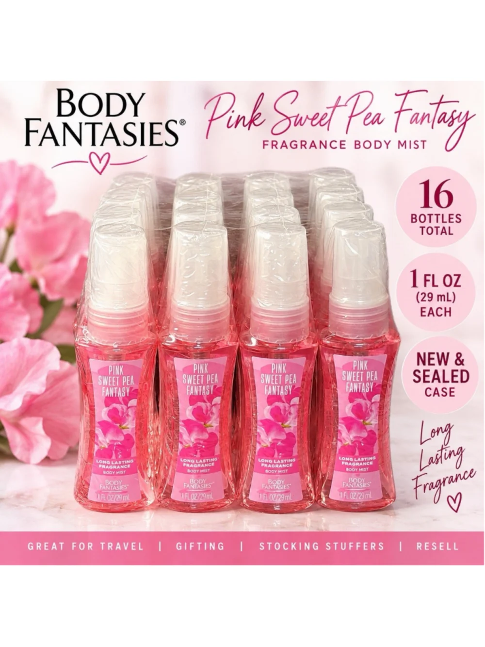 Body Fantasies Pink Sweet Pea Fantasy Body Mist 1 oz Lot of 16 NEW Sealed Case